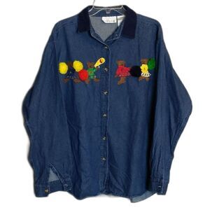 Casey & Max Denim Button Down Shirt Teddy Bear Cheerleaders Women's XL VINTAGE